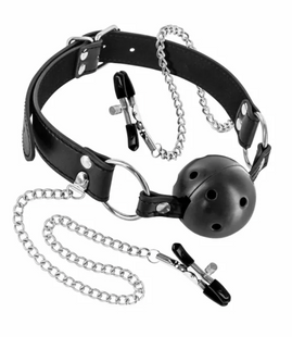 Кляп-шар с зажимами для сосков Fetish Tentation Rigid Breathable Ball Gag with Nipple Clamps, черный SO4037 фото